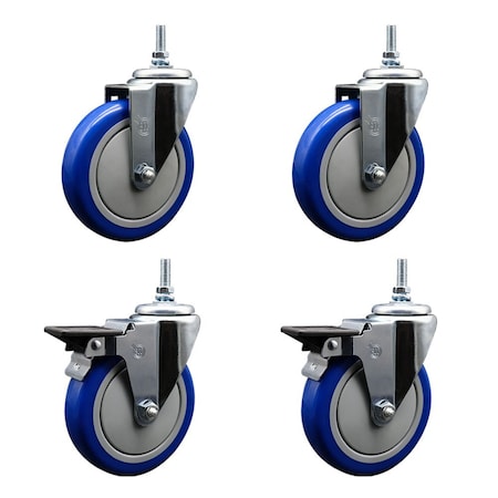 Service Caster 5 Inch Blue Polyurethane 38 Inch Threaded Stem Caster Set 2 Brakes SCC SCC-TS20S514-PPUB-BLUE-381615-2-PLB2